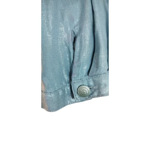 4289)Susan Graver  Aqua Blue Linen Metallic detail Button Up Long Sleeve Top L - Picture 4 of 8